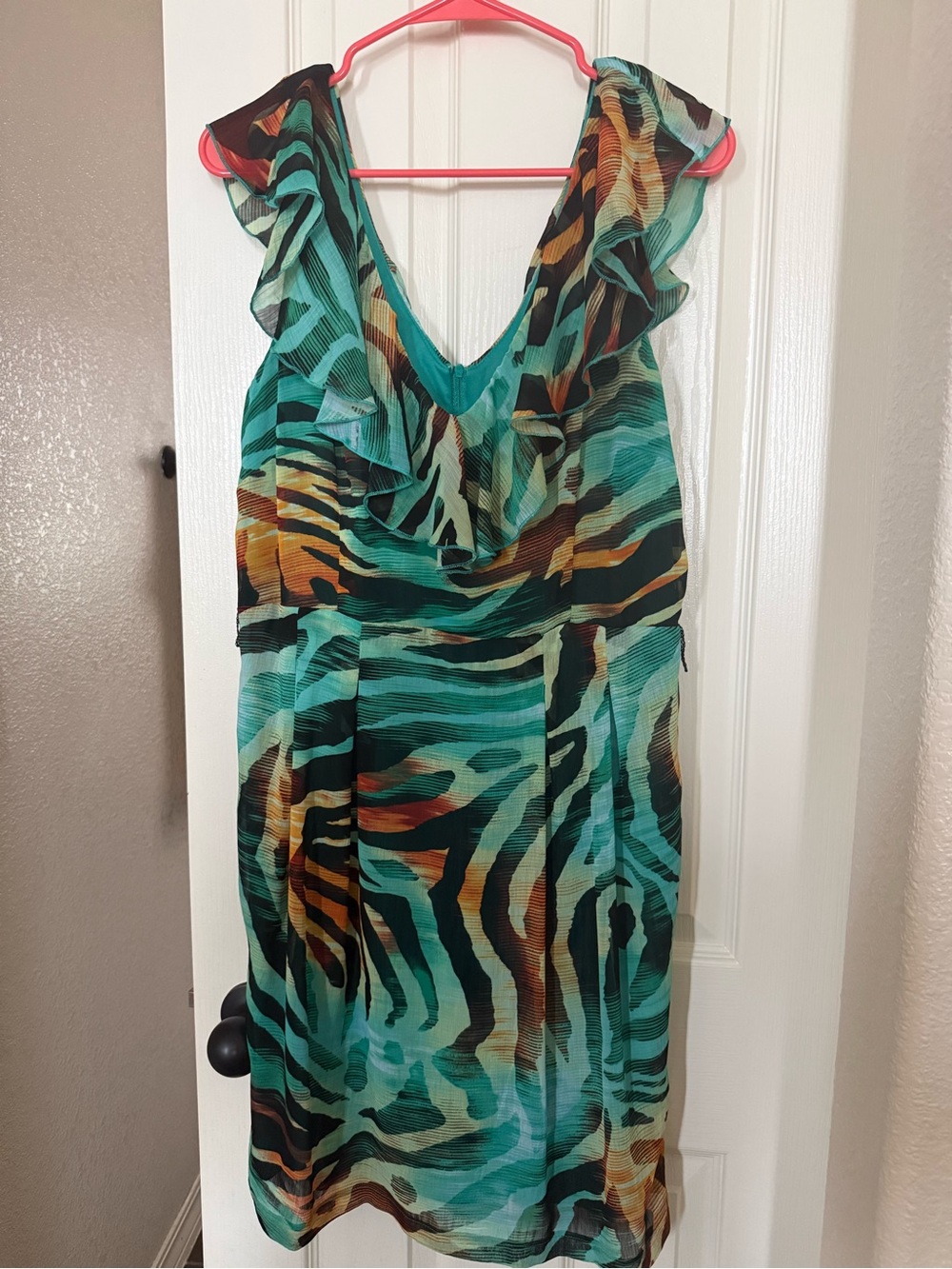 Bisou Bisou Teal Multi-Color Ruffle-Shoulder Midi Dress